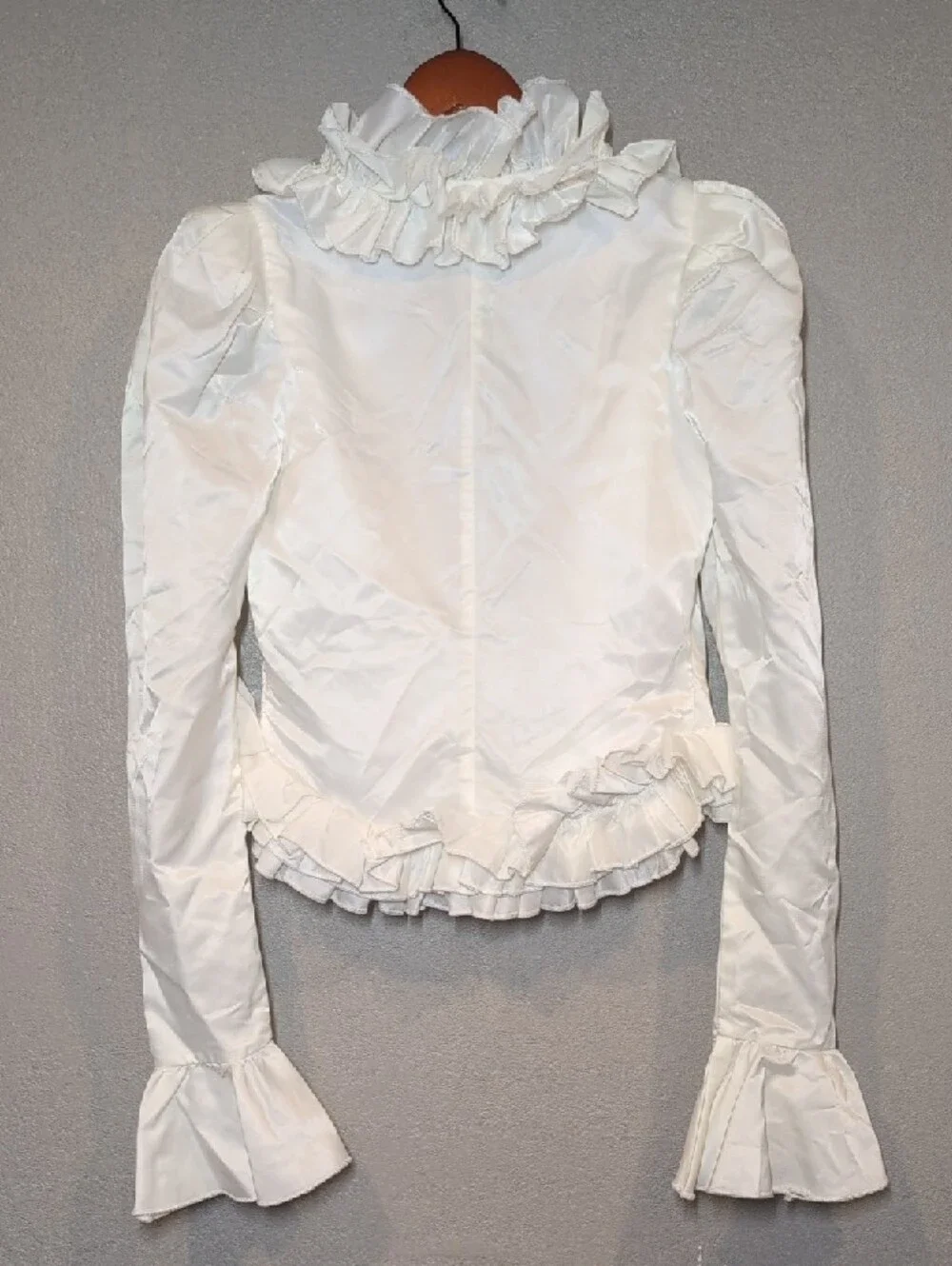 AKIRA Bridal Wedding Whimsical Cream Ruffle Satin Peplum Blouse - Picture 6 of 7